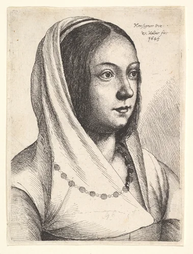 Young woman with a scarf on her head by Wenceslaus Hollar, print, 1645