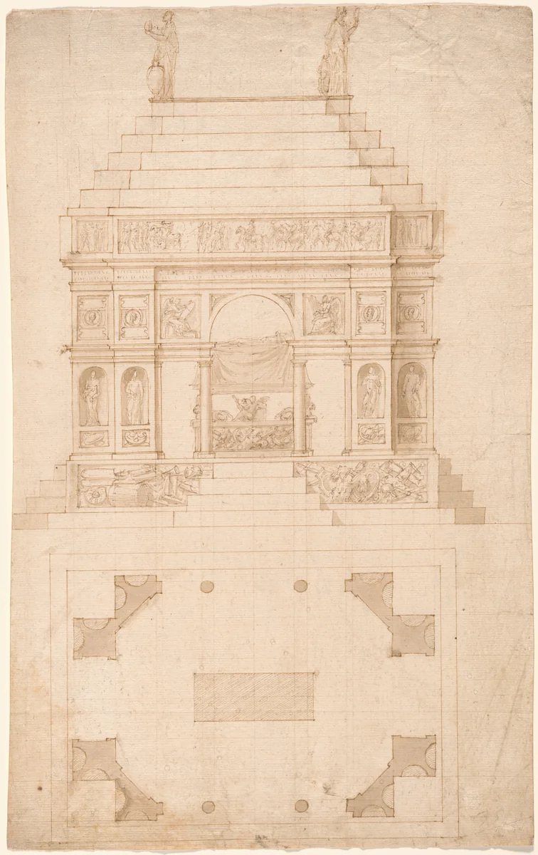 An Imperial Tomb: Elevation and Ground Plan by Antonio da Sangallo, drawing, 1525-1535