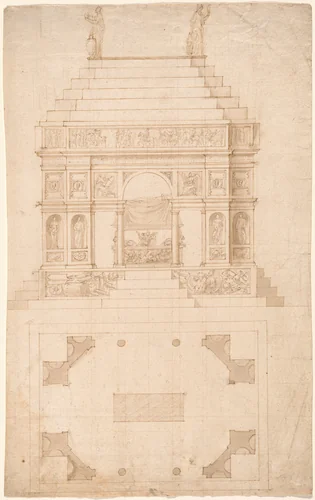 An Imperial Tomb: Elevation and Ground Plan by Antonio da Sangallo, drawing, 1525-1535