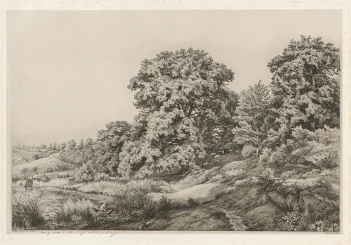 Oaks near a Pond by Eugène Bléry, print, 1852