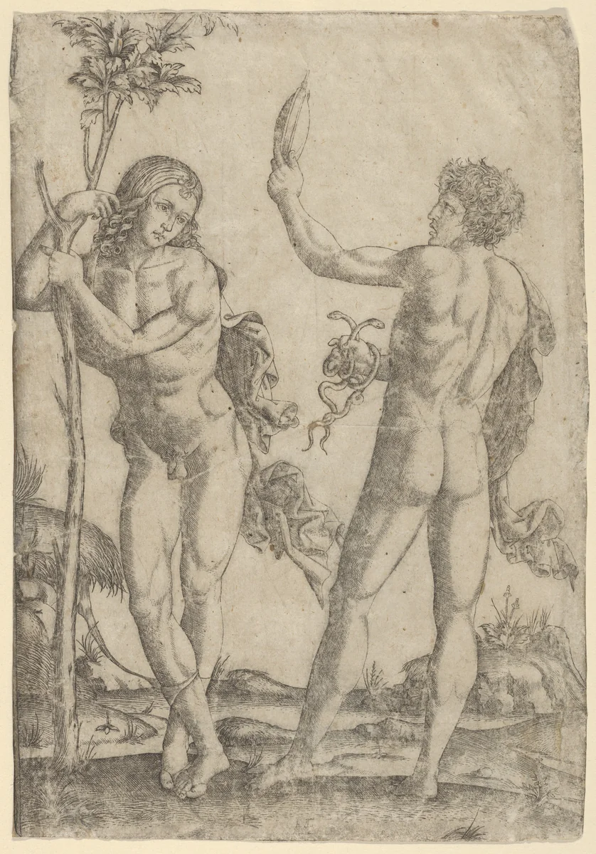 A young naked man standing at left leaning on the trunk, another seen from behind, holding two snakes in his right hand and a convex mirror in his raised left hand by Marcantonio Raimondi, print, 1505-1515