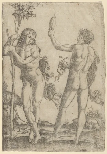 A young naked man standing at left leaning on the trunk, another seen from behind, holding two snakes in his right hand and a convex mirror in his raised left hand by Marcantonio Raimondi, print, 1505-1515