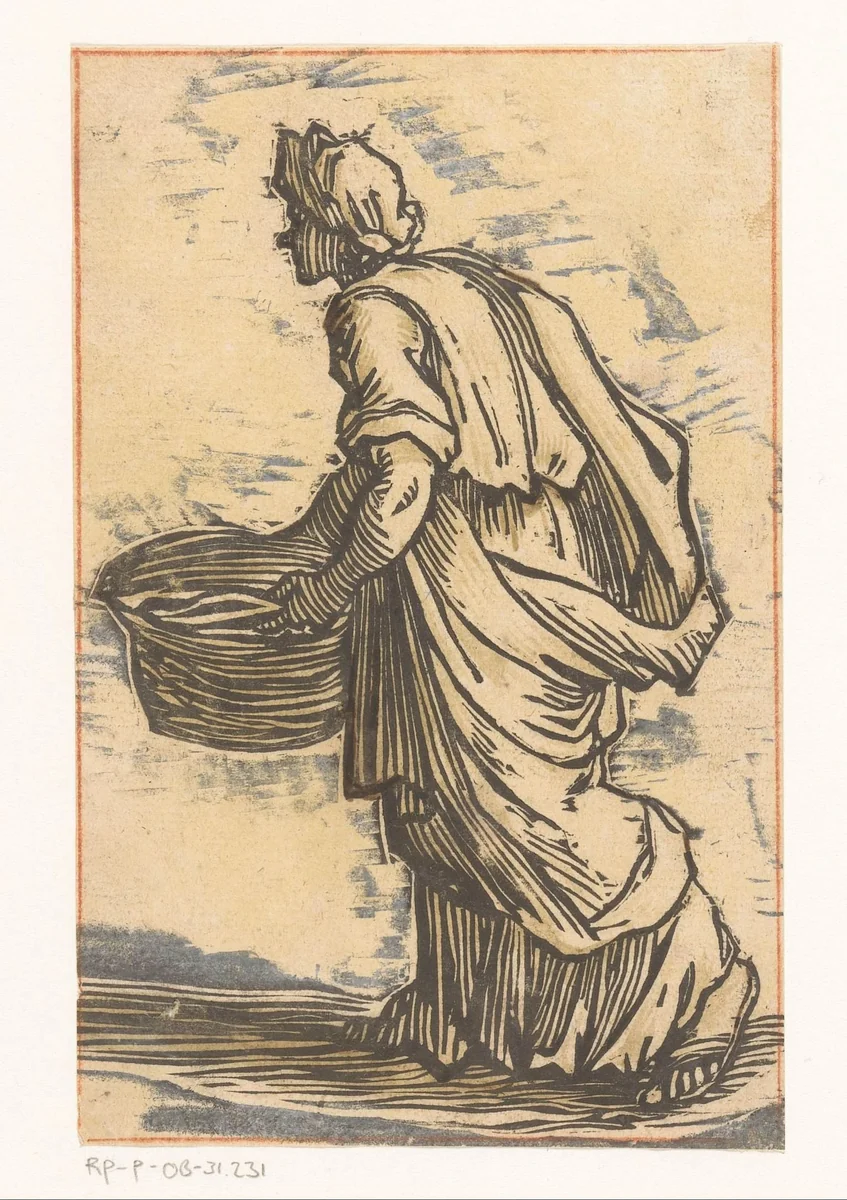 Vrouw met mand by anonymous, print, 1600-1699