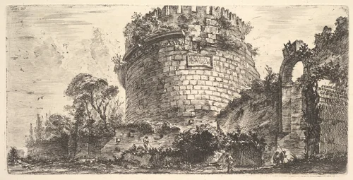 Plate 20: Tomb of Caecilia Metella called the Capo di Bove (Ox Head) (Sepolcro di Metela detto Capo di Bove), from "Alcune Vedute di Archi Trionfali ed altri monumenti inalzati da Romani parte di quali se veggono in Roma e parte per l'Italia" (Some Views of Triumphal Arches and other monuments erected by the Romans, some of which are in Rome and some elsewhere in Italy) by Giovanni Battista Piranesi, print, 1743-1753