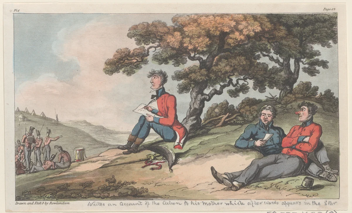 Johnny writes an account of the action to his mother, which afterwards appears in the Star by Thomas Rowlandson, print, 1815
