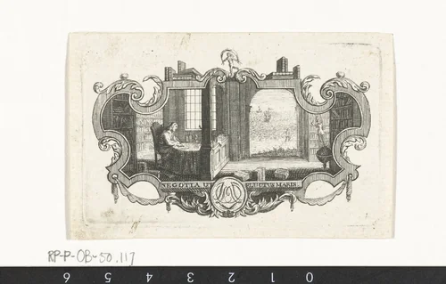 Vignet met geleerde in bibliotheek in cartouche by Abraham Delfos, print, 1741-1820