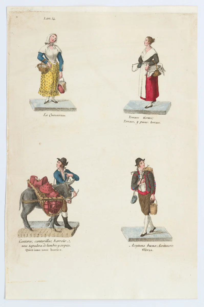 Plate 14: four street vendors from Madrid selling pots and pans, olives etc, from 'Los Gritos de Madrid' (The Cries of Madrid) by Miguel Gamborino, print, 1809-1817