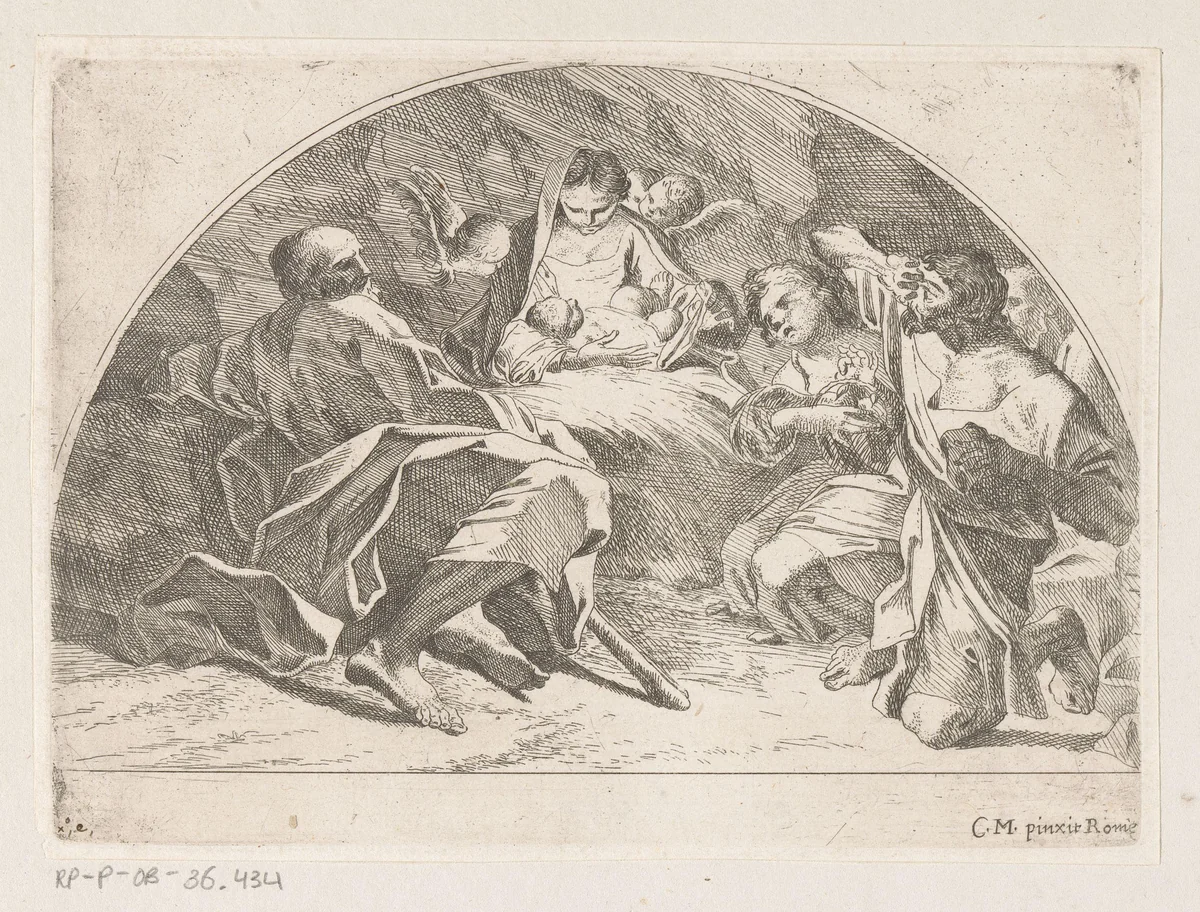 Aanbidding door de herders by anonymous, print, 1635-1713