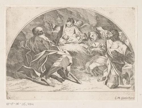 Aanbidding door de herders by anonymous, print, 1635-1713