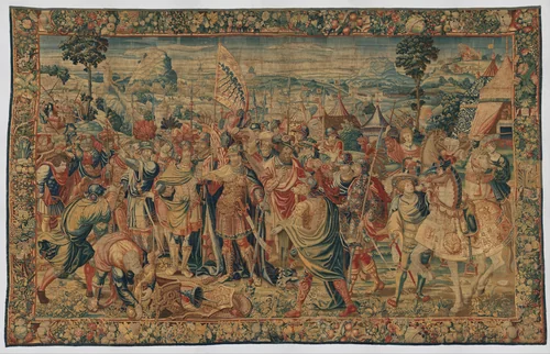 Agamemnon musters the Greek troops at Aulis from the “Story of Iphigenia” by Pieter Coecke van Aelst, textile, 1535-1548