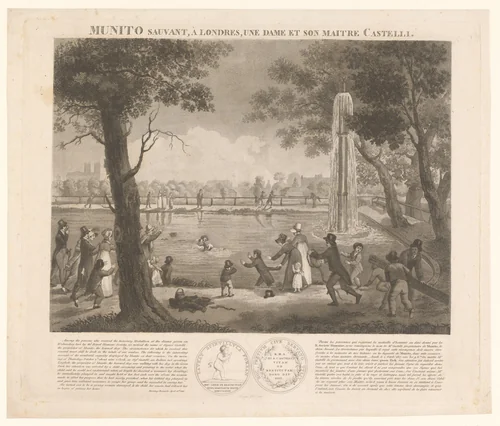 Man en zijn hond redden een vrouw uit een vijver in Green Park, 1817 by anonymous, print, 1818