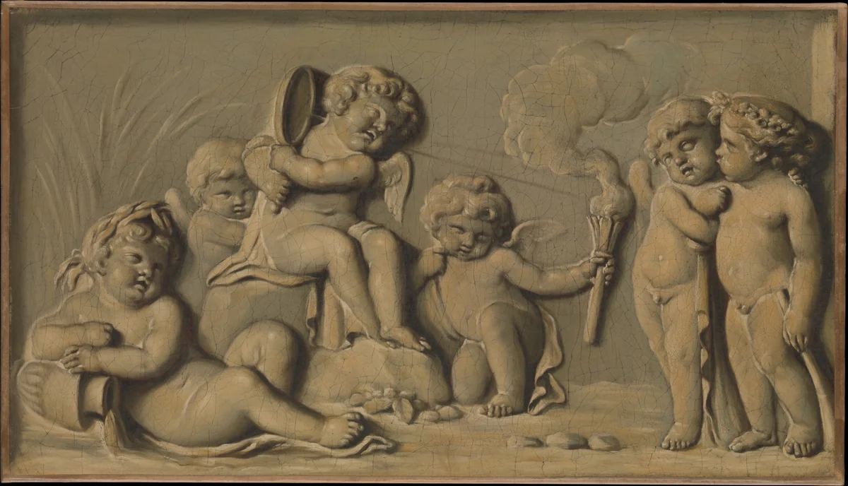 Amorini at play (one of a pair) by Piat Joseph Sauvage, painting, 1770-1790