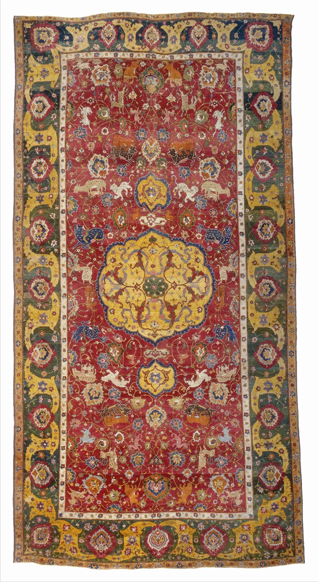 Medallion and Animal Carpet by Isfahan 17th Century, decorative art, 1600