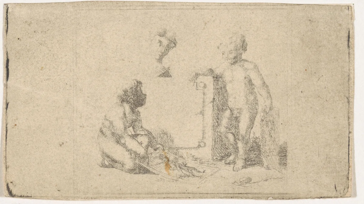 Drie naakte kinderen bij een steen by Joannes Bemme, print, 1800-1841