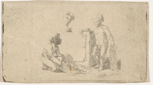 Drie naakte kinderen bij een steen by Joannes Bemme, print, 1800-1841