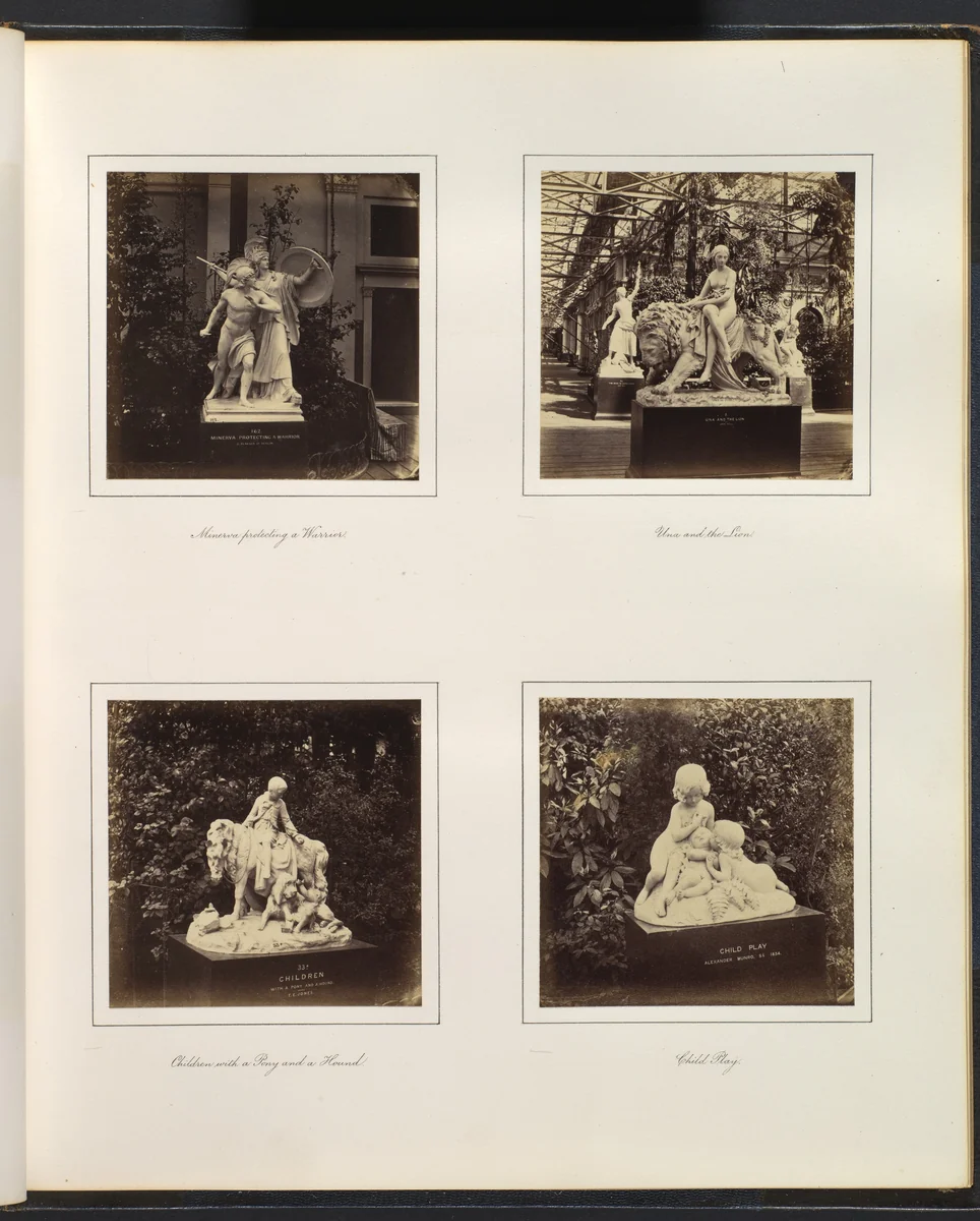 [Sculptures of Minerva Protecting a Warrior, Una and the Lion, Children with a Pony and a Hound, and Child Play] by Philip Henry Delamotte, photograph, 1857-1861