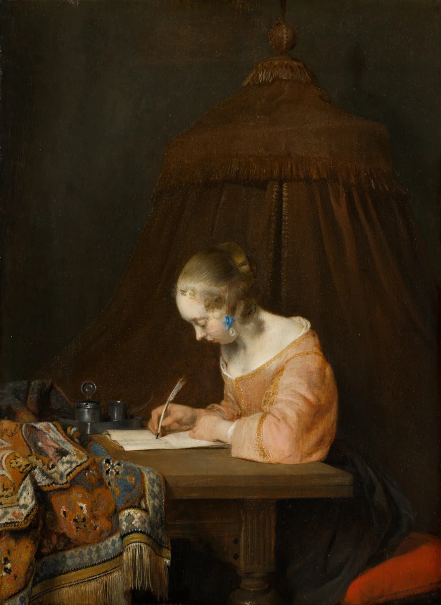 Woman Writing a Letter by Gerard ter Borch, painting, 1655