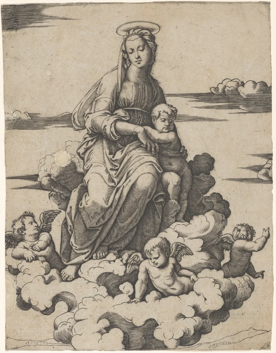 The Virgin and the Christ Child seated on clouds by Marcantonio Raimondi, print, 1495-1539