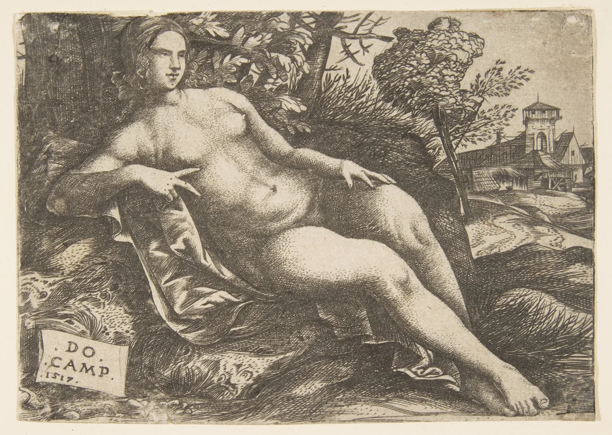 Nude woman (Venus) reclining in a landscape by Domenico Campagnola, print, 1517