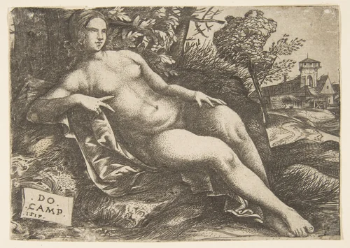 Nude woman (Venus) reclining in a landscape by Domenico Campagnola, print, 1517
