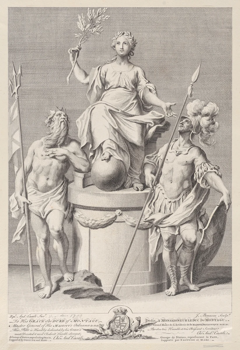 Group of statues represnting Peace, supported by Neptune and Mars by Jacob Bonneau, print, 1736-1786