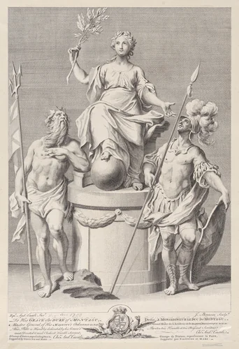 Group of statues represnting Peace, supported by Neptune and Mars by Jacob Bonneau, print, 1736-1786