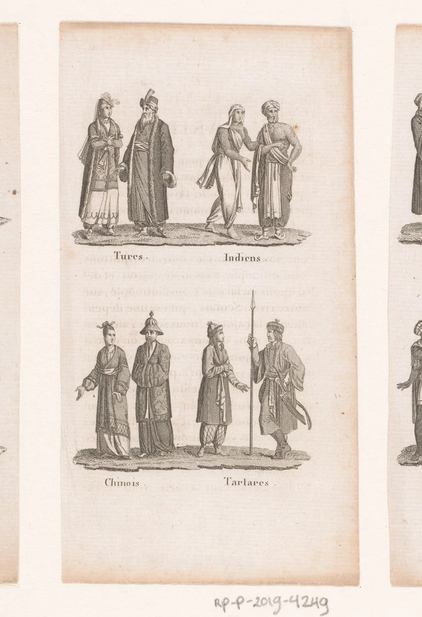 Turken, Indiërs, Chinezen en Tataren in klederdracht by anonymous, print, 1750-1800