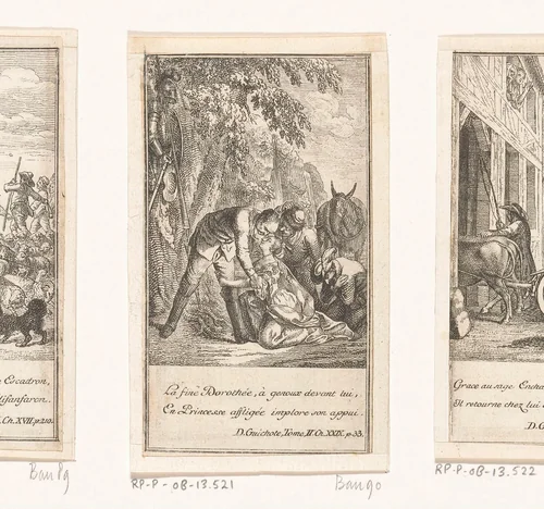 Dorothée smeekt Don Quichot om hulp by Daniel Nikolaus Chodowiecki, print, 1770
