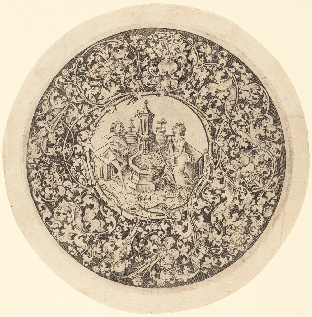 Circular Ornament with Musicians Playing near a Well by Israhel van Meckenem, print, 1495-1503
