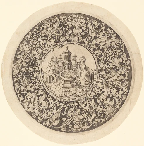 Circular Ornament with Musicians Playing near a Well by Israhel van Meckenem, print, 1495-1503