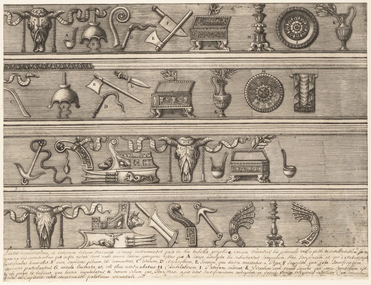 Sacrificial Instruments Based on Ancient Relief Sculpture, from "Speculum Romanae Magnificentiae" by Nicolas Beatrizet, print, 1545-1580