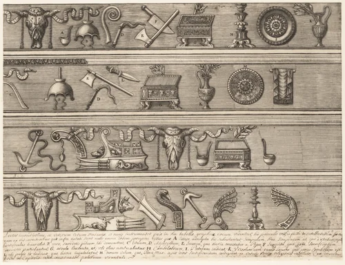 Sacrificial Instruments Based on Ancient Relief Sculpture, from "Speculum Romanae Magnificentiae" by Nicolas Beatrizet, print, 1545-1580