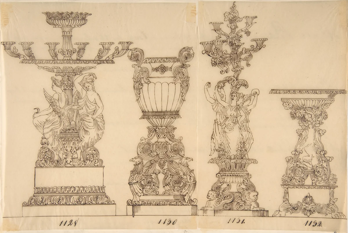 Designs for Two Candelabras and Two Urns by anonymous, drawing, 1800-1899
