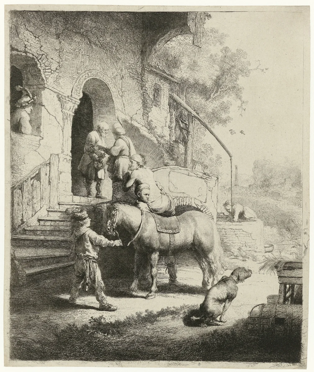 The good Samaritan by Rembrandt van Rijn, print, 1633