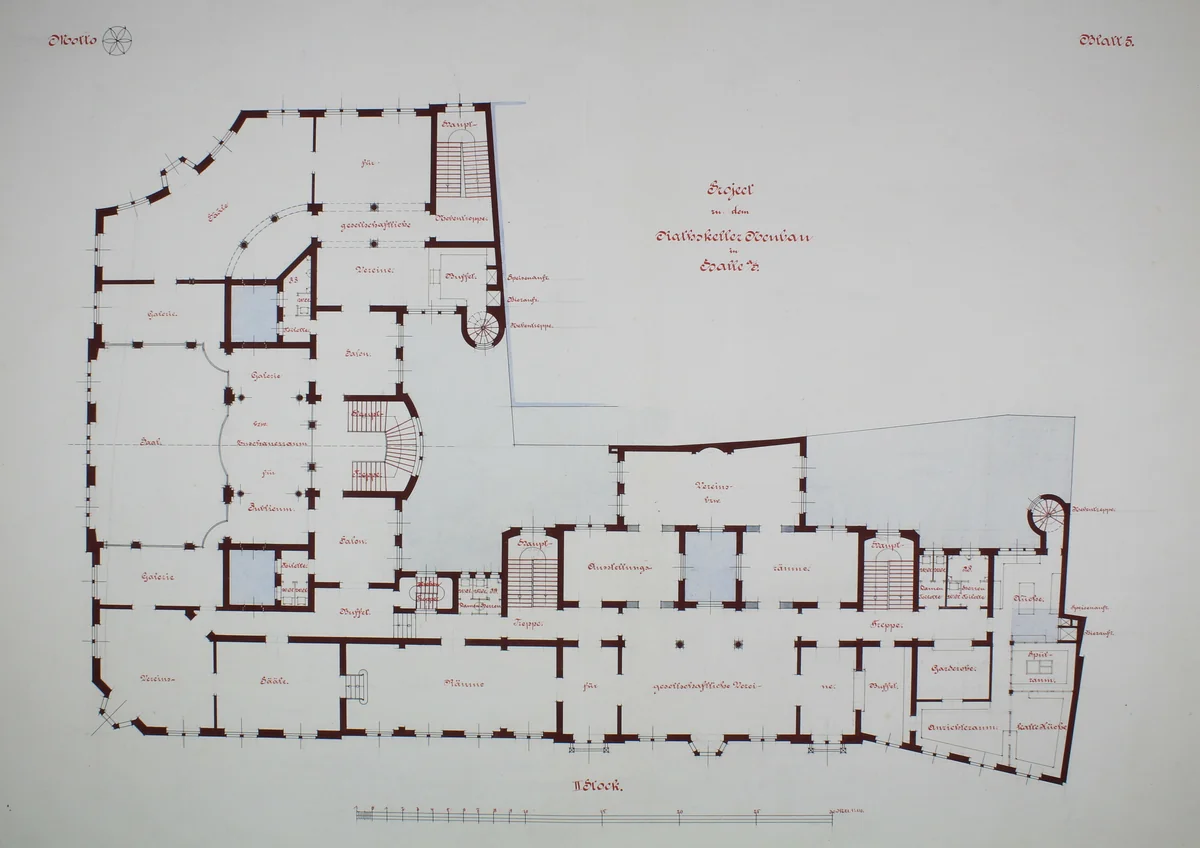 Rathskeller Neubau, Halle (Saale), Saxony-Anhalt, Germany, Second Floor Plan by Peter J. Weber, drawing, 1882-1892
