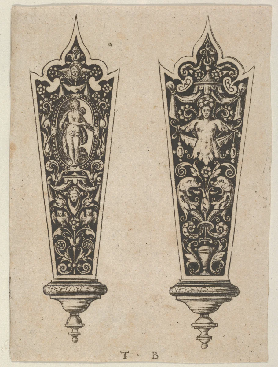 Design for Knife Handles with the Death of Lucretia and Grotesques by Theodor de Bry, print, 1580-1600