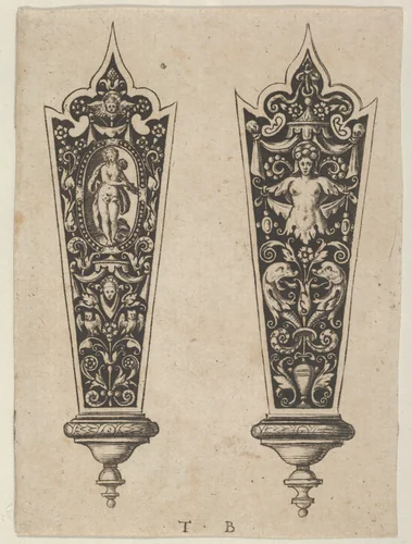 Design for Knife Handles with the Death of Lucretia and Grotesques by Theodor de Bry, print, 1580-1600