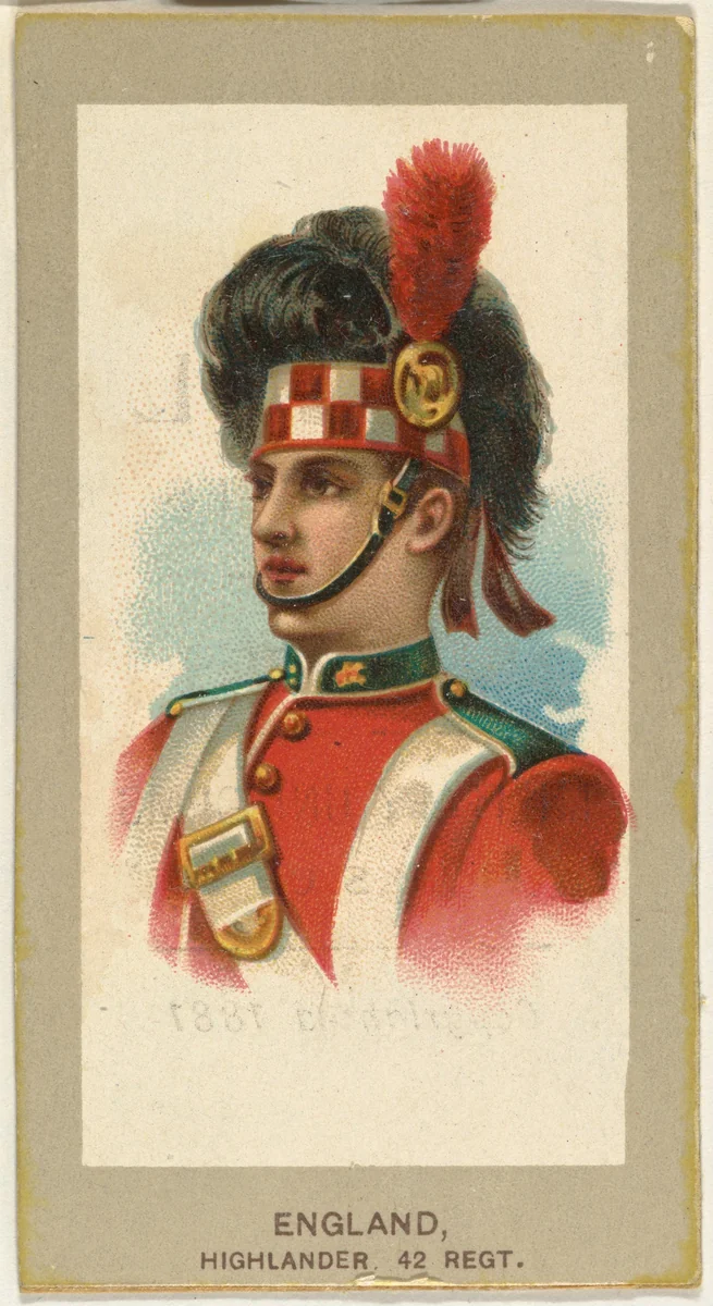 Highlander, 42nd Regiment, England, from the Military Uniforms series (T182) issued by Abdul Cigarettes by Abdul Cigarettes, print, 1881