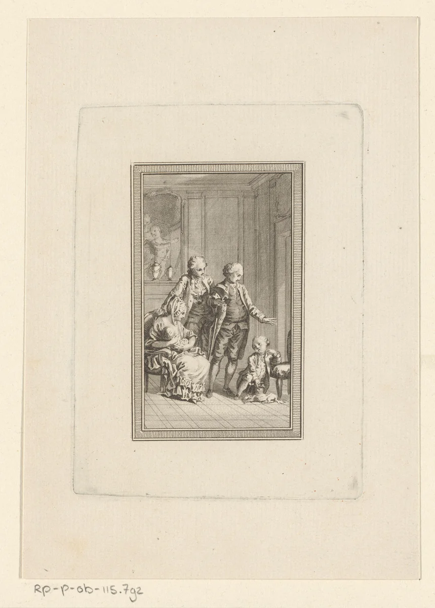 Twee mannen en vrouw met kind, kijkend naar een jongen die wijst naar een hondje op de grond by Carl Leberecht Crusius, print, 1755-1779