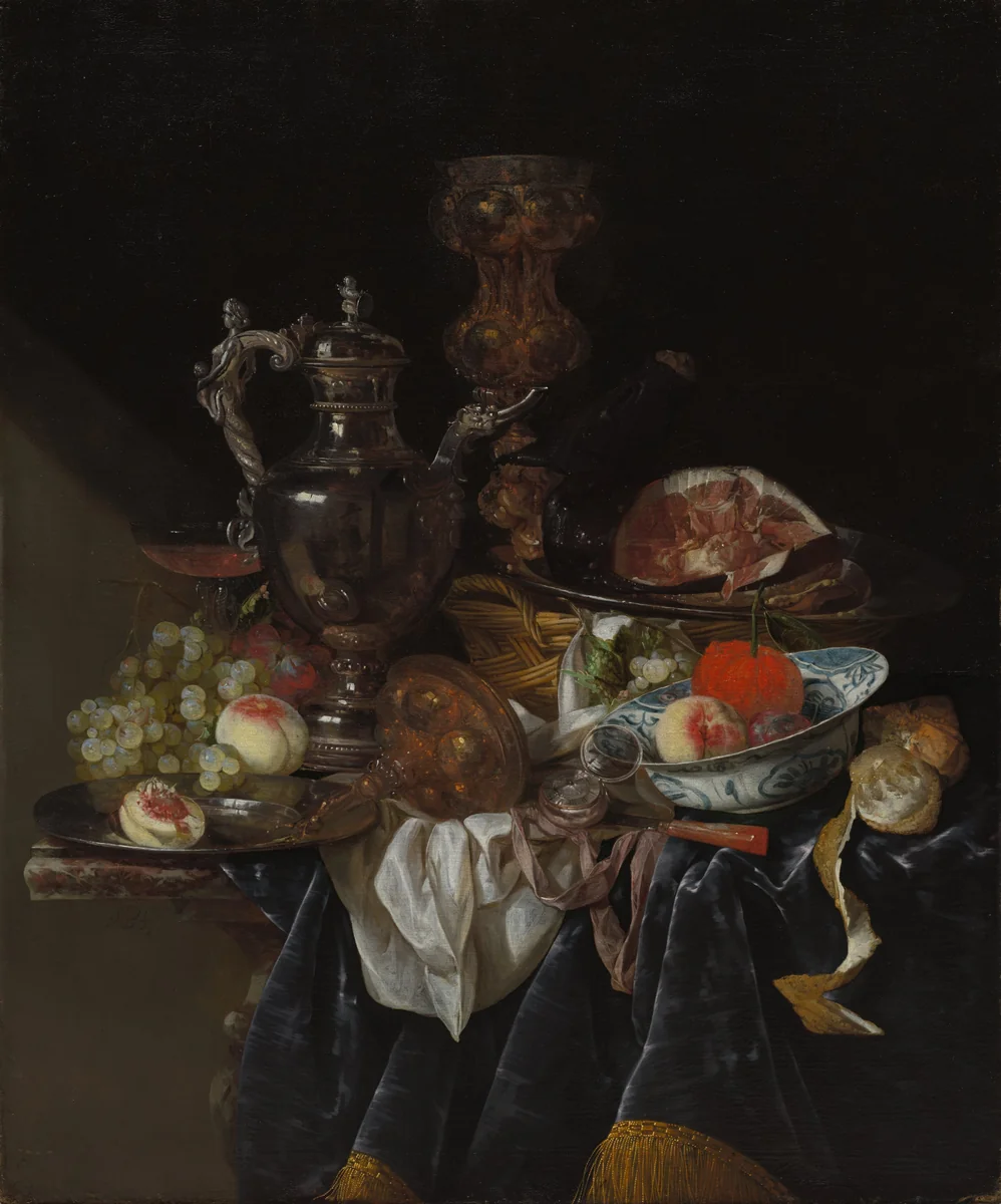 Silver Wine Jug, Ham, and Fruit by Abraham van Beyeren, painting, 1660-1666