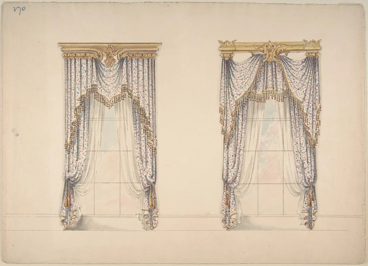Design for Pink, Green and White Curtains with Gold and Red Fringes, and Gold Pediments by anonymous, drawing, 1815-1825