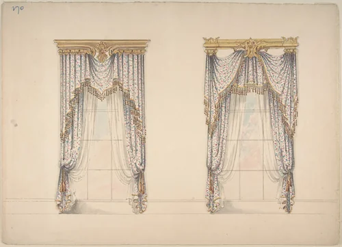 Design for Pink, Green and White Curtains with Gold and Red Fringes, and Gold Pediments by anonymous, drawing, 1815-1825