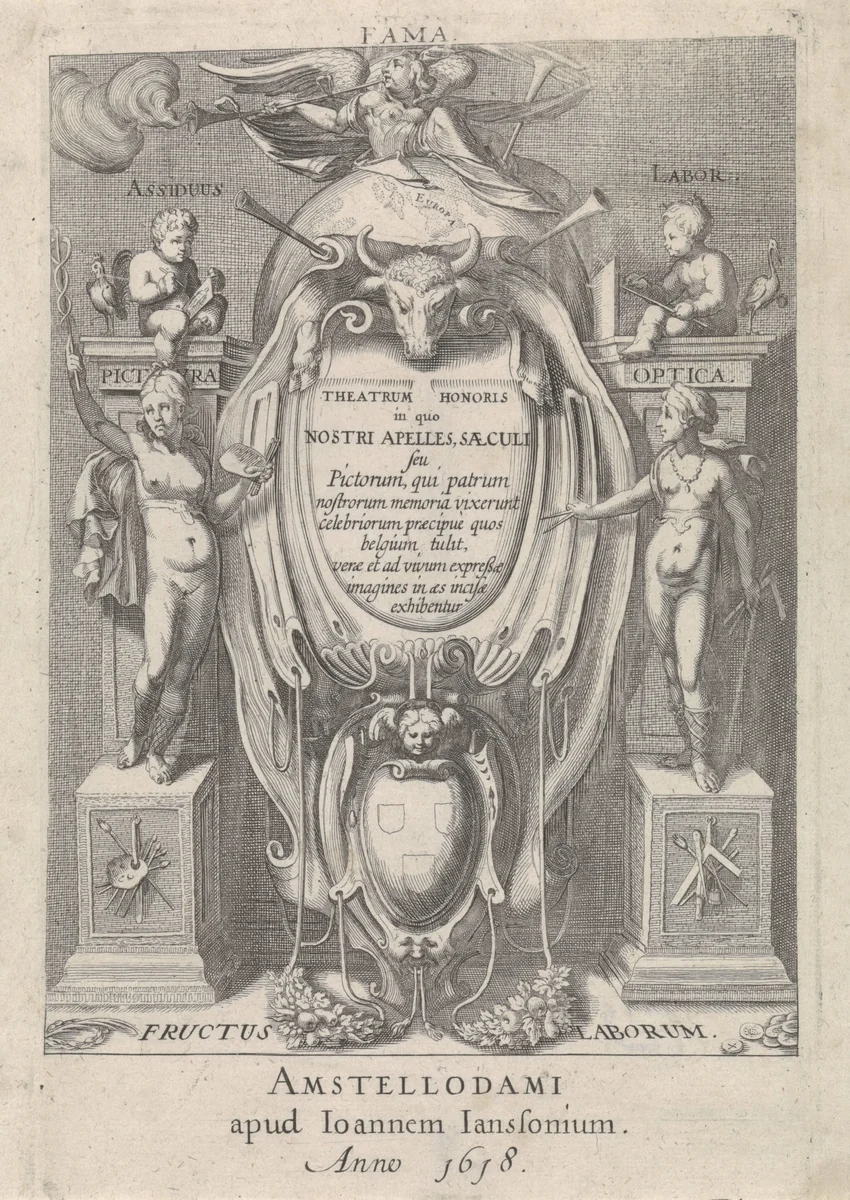 Wapenschild en personificaties by Hendrick Hondius, print, 1618