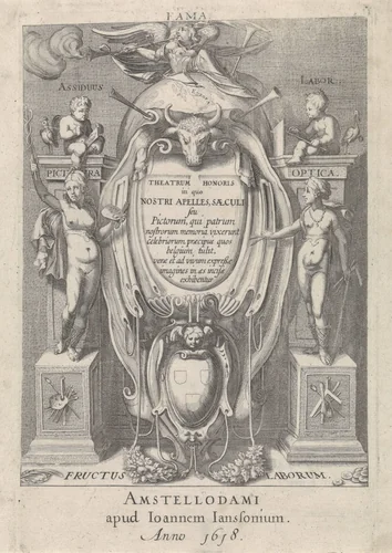 Wapenschild en personificaties by Hendrick Hondius, print, 1618