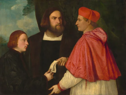 Giacomo and Cardinal Marco, investing Andrea, Abbot of San Zeno, with his Benefice by Titian, painting, 1519-1529