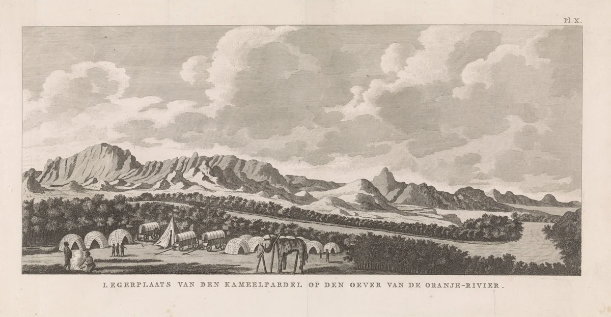 Bergachtig landschap met kampement by Dirk de Jong, print, 1795-1797