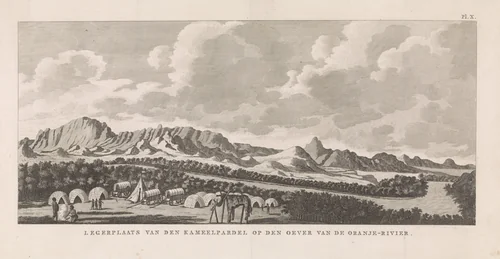 Bergachtig landschap met kampement by Dirk de Jong, print, 1795-1797
