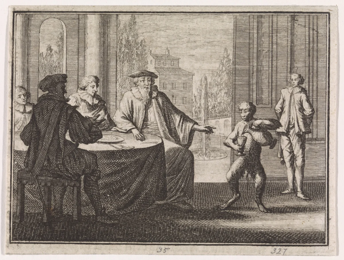 Aap bedient een gezelschap heren aan tafel by Caspar Luyken, print, 1704