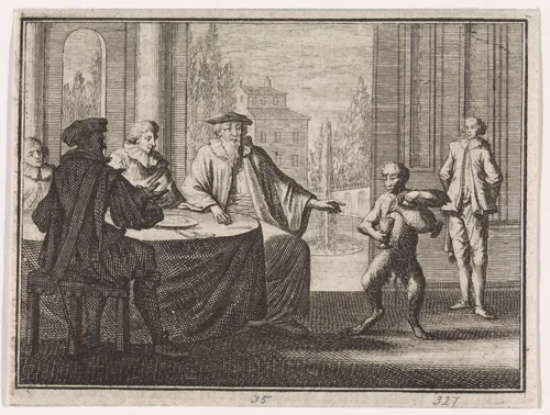 Aap bedient een gezelschap heren aan tafel by Caspar Luyken, print, 1704