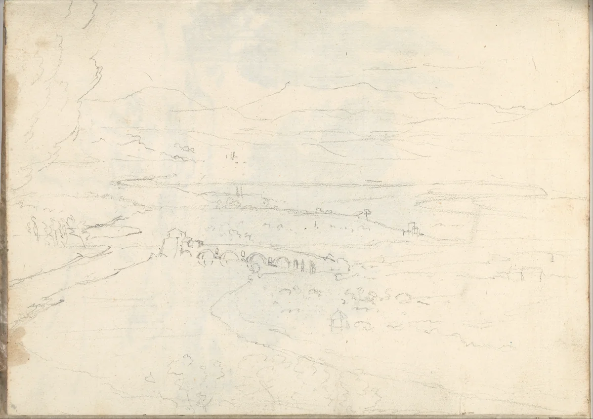 Landscape with a river, arched bridge and distant mountains, near Rome (Smaller Italian Sketchbook, leaf 39 recto) by Joseph Wright, drawing, 1774-1775